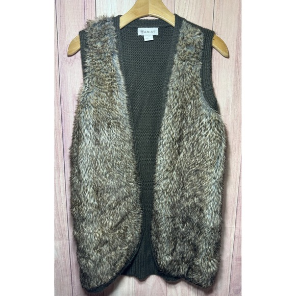 Ariat Jackets & Blazers - Ariat Womens Brown Faux Fur Sleeveless Open Front Long Vest Size Large‎ Cowgirl
